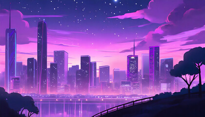 chill lo fi vibes with night skyline and purple hues manga and anime inspirations generative ai - obrazy, fototapety, plakaty