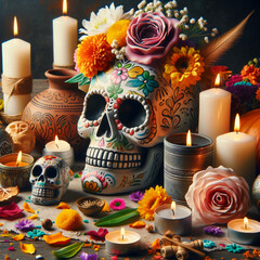A photo of a traditional Day of the Dead offering with a skull, flowers, and candles