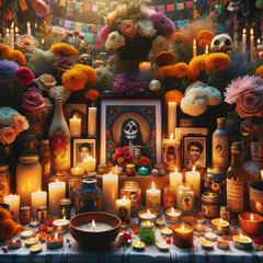  an altar in memory of beloved and unforgettable dead, adorned with candles, flowers, and photographs. - obrazy, fototapety, plakaty