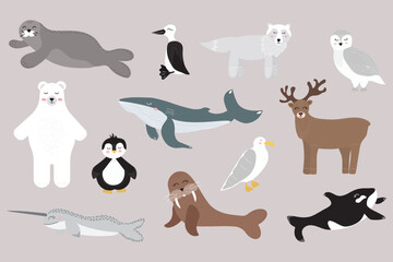 Vector set of wild polar animals, sea mammals and birds. Collection of cute arctic animals. Whale, narwhal, walrus, guillemot, albatross, polar deer, polar owl, polar bear, penguin. Vector illustratio © Марина Мигаль