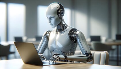 Humanoid robot using laptop - obrazy, fototapety, plakaty