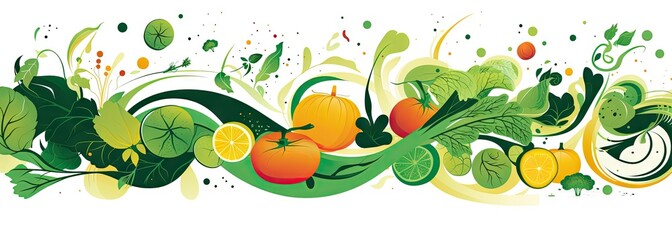 an abstract background showing various fruits, veggies, and leaves, in the style of squiggly line style Generative AI