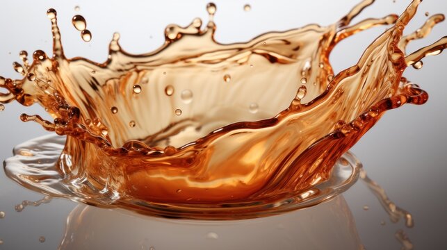 A coffee splash with droplets flying off on a light backdrop. AI generate illustration