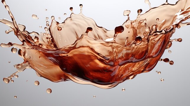 A coffee splash with droplets flying off on a light backdrop. AI generate illustration