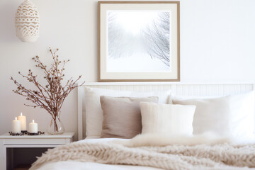 Serene Scandinavian bedroom eco design with white walls, framed abstract winter picture, dried branches in a vase and candles on the nightstand. Cozy bed with soft pillows and blanket. Copy space