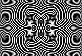  Line art optical art. Psychedelic background. Monochrome background. Optical illusion style. Black dark background. Modern pattern. Abstract graphic texture. Graphic ornament. 