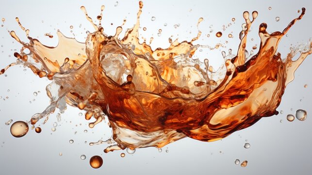 A coffee splash frozen in motion against a white background. AI generate illustration