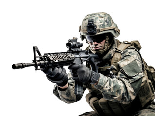 Fototapeta premium a American military army special force soldier with camouflage helmet and a rifle gun