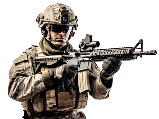 Fototapeta premium a American military army special force soldier with camouflage helmet and a rifle gun
