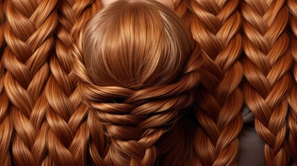  a close up of a woman's head with long red hair in a fishtail braid, as if it were braided into a bun or fishtail. - obrazy, fototapety, plakaty