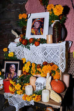 Vertical image of altar in honour of mexican holiday of dead people