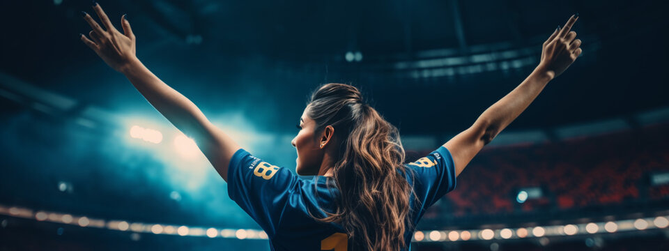 happy female soccer player celebrating win with hands up - Powered by Adobe