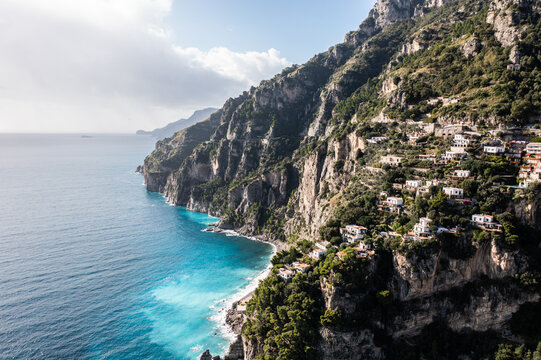 Positano, Italy.  Rugged Mountains of the Amalfi Coast.  Aerial Drone Photo