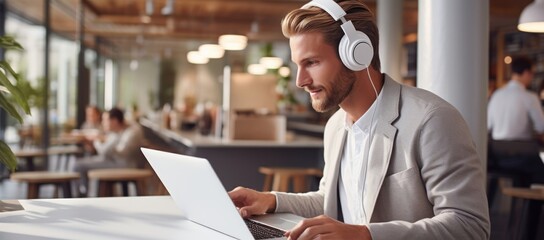 Businessman handsome technology male music working person business young computer headphones men laptop adult - Powered by Adobe
