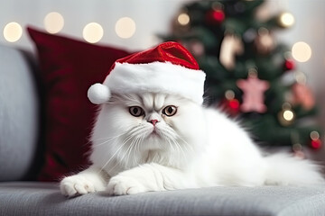 Snow white cat Cat in red Santa hat on the sofa near Christmas tre - obrazy, fototapety, plakaty