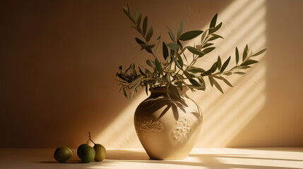Fototapeta na wymiar Olive Branches in a Beige Vase: A Cozy and Minimalist Home Decor
