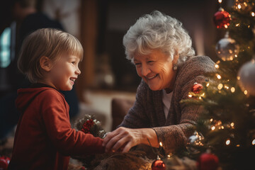 grandmother with child grandson near christmas tree, family time with grandparents - obrazy, fototapety, plakaty