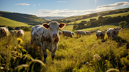 Cows Grazing with Herd in Green Grass & Sky  Background