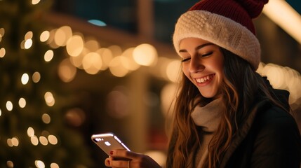 Cheerful smiling caucasian young girl or woman browsing internet using smartphone shopping online near the evening cafe with Christmas decorations