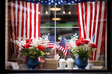 Creative photo of a patriotic-themed window display or storefront, expressing support for Memorial Day, creativity with copy space - obrazy, fototapety, plakaty