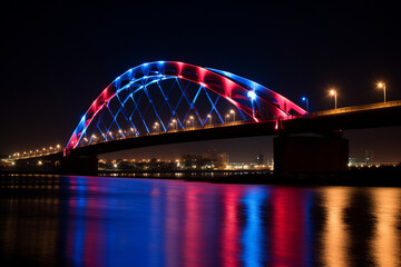 Veterans Memorial bridge or landmark creatively illuminated with patriotic colors, creativity with copy space