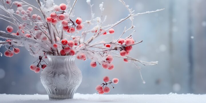 A vase filled with red berries sitting on top of snow covered ground. Beautiful winter flowers.