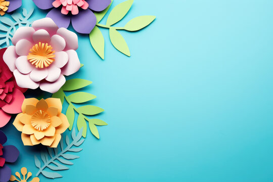 Colorful paper flowers on a blue background. Room for Text.