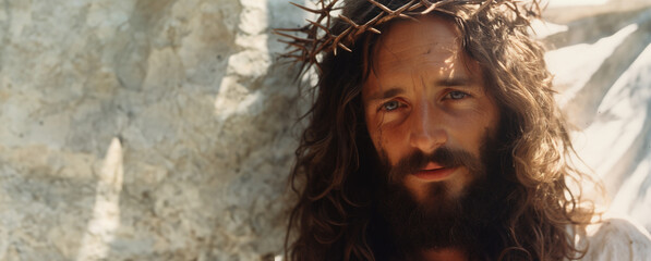 Jesus Christ wearing crown of thorns Passion and Resurection. Easter card, Good Friday, thanksgiving. - obrazy, fototapety, plakaty