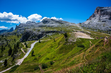 Fototapeta na wymiar Dolomites, five towers. Breathtaking panorama of the mountains above Cortina d'Ampezzo.