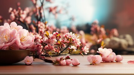 Pink sakura blossom spring natural background with copy space