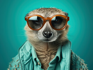 simpatico suricate vestito da essere umano con giacca azzurra su sfondo turchese , animale antropomorfo - obrazy, fototapety, plakaty