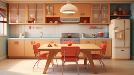 A kitchen with a table and chairs and a refrigerator. Mid century interior design.