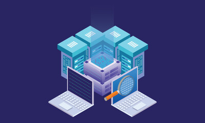 Isometric artificial intelligence abstract banner, neural network, computer server.on purple background. 3d concept. 3d vector.isometric vector design Illustration.