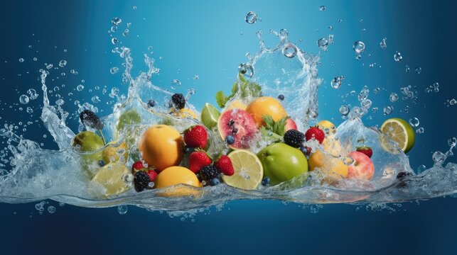  a bunch of fruit is splashing out of the water with a splash of water on the bottom of the image and on the bottom of the image is a blue background.