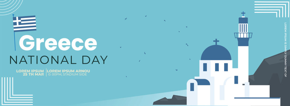 Greece national day horizontal banner with Greek flag .geometric abstract suitable for, poster and banner. celebration of independence day. - Powered by Adobe