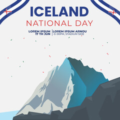 Iceland national day social media post  with flag . Landmark of Ice Peak . Vector Illustration