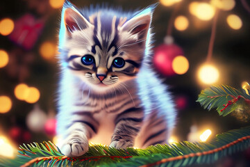 Um filhote de gato tigrado junto de uma árvore de Natal com luzes de Natal ao fundo.