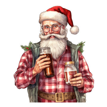 Hipster Santa Claus holding craft beer, isolated on transparent background