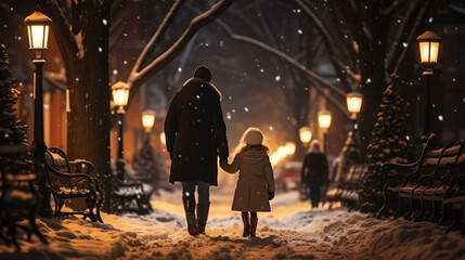 Fototapeta na wymiar Festive atmosphere in a small town during the Christmas and New Year holidays. Mother and daughter on city streets. Winter snowy ambience