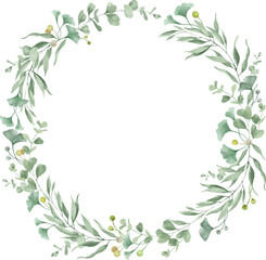 Watercolor floral wreath with eucalyptus, ginkgo leaves, berries . Hand drawn illustration isolated on white.