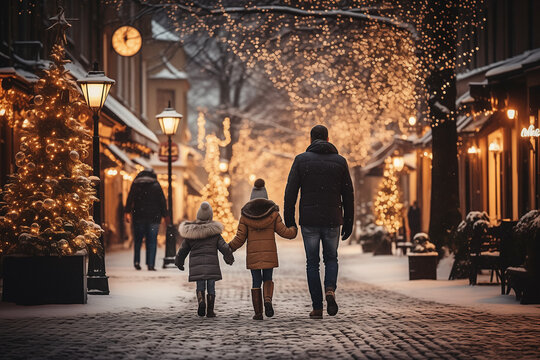Festive atmosphere in a small town during the Christmas and New Year holidays. Father and daughters on city streets. Winter snowy ambience