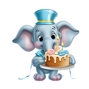 elephant, birthday, illustration, celebration, cute, cake, cartoon, print, isolated, background, color image, pets