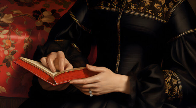 Close-up of ornately dressed woman's hands delicately turning a page in a classic red book.