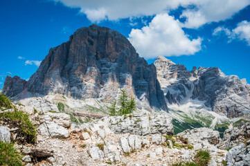 Dolomites, five towers. Breathtaking panorama of the mountains above Cortina d'Ampezzo.