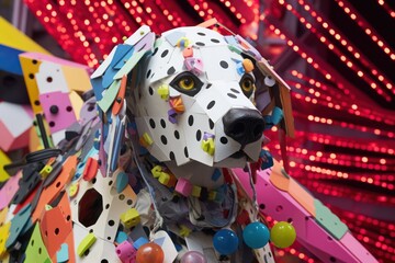 art-object close-up view, dog made of different multicolored objacts and pieces
