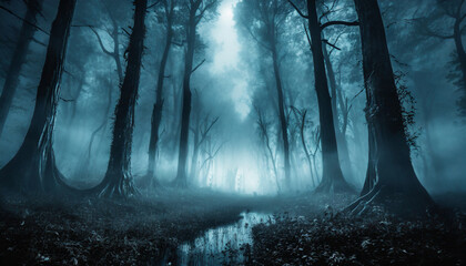 Dark forest in the fog