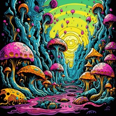 Narcotic psychodelic mushroom psilocybin pop art retro illustration. Comic book style imitation.