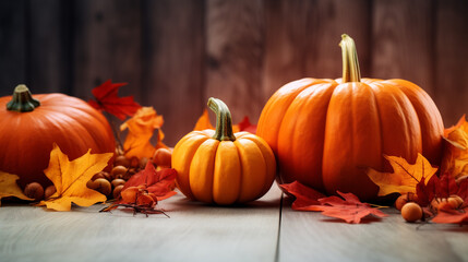  Fall Background with Orange Pumpkins and Fall Leaves
