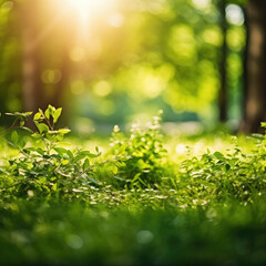 Obraz na płótnie Canvas Defocused green trees in forest or park with wild grass and sun beams. Beautiful summer spring natural background