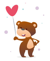 Cute baby animal. Adorable bear with pink balloon. Forest inhabitant. Design element for greeting card or invitation to childrens event. Cartoon flat vector illustration isolated on white background
